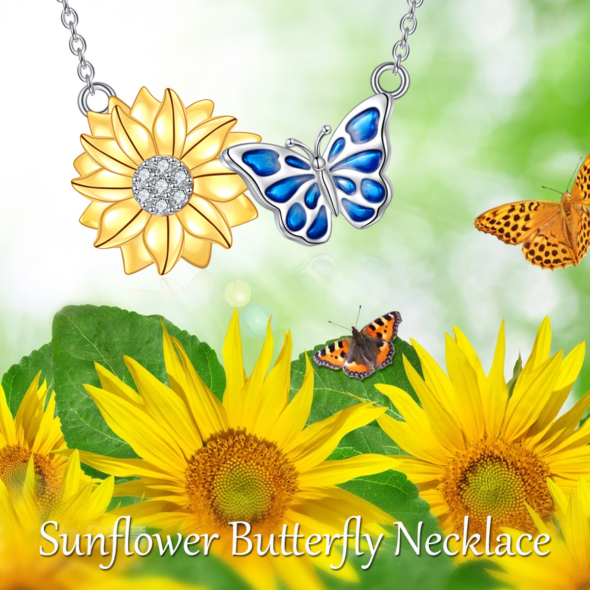 Sterling Silver Cubic Zirconia Butterfly & Sunflower Pendant Necklace-6