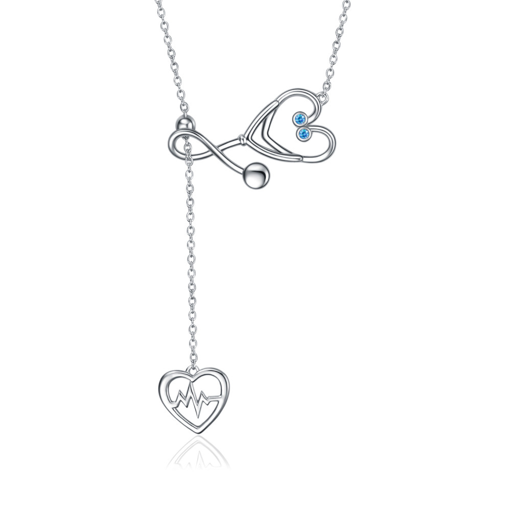 Colar de estetoscópio com tema de enfermagem de anjo caduceus em prata esterlina-1
