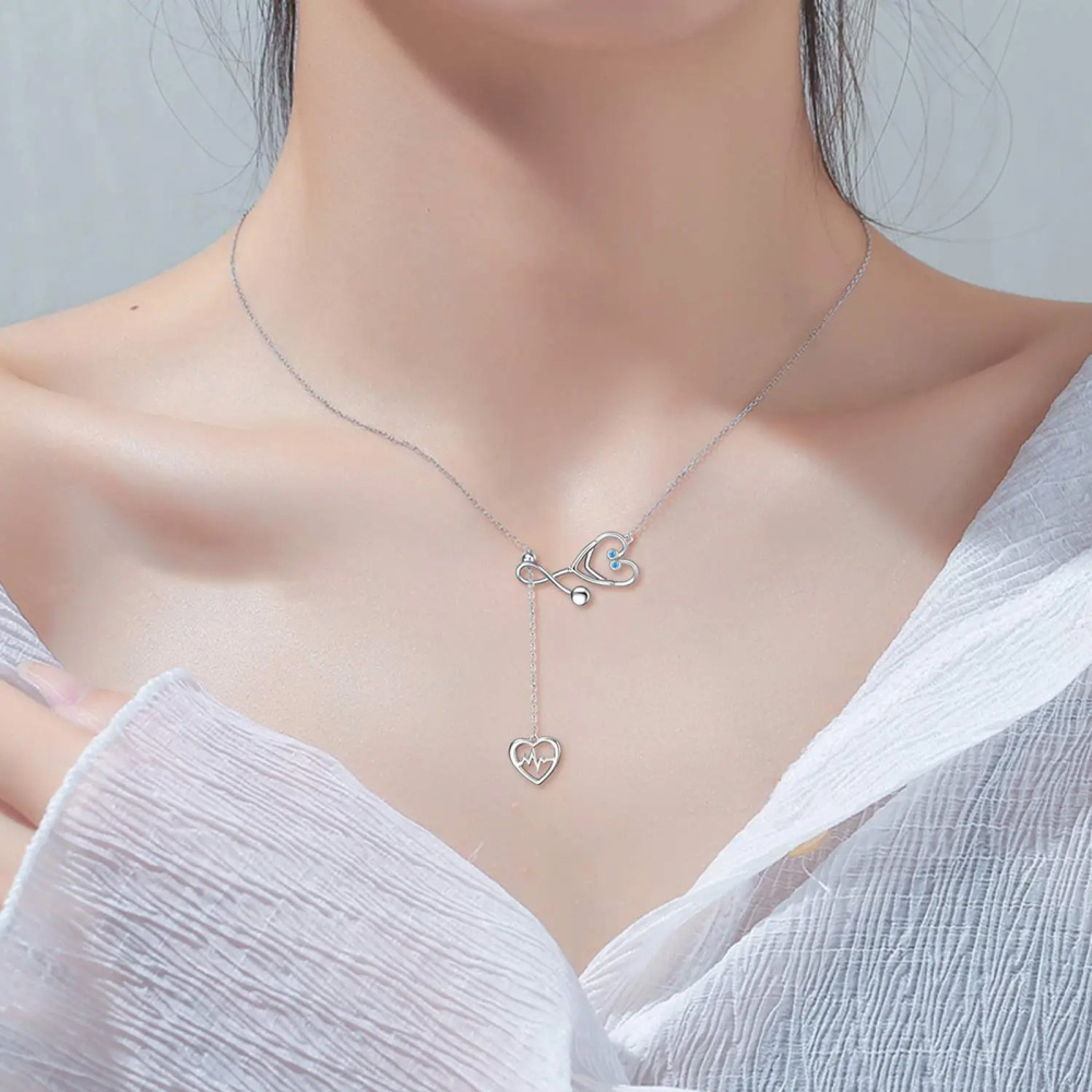 Colar de estetoscópio com tema de enfermagem de anjo caduceus em prata esterlina-2
