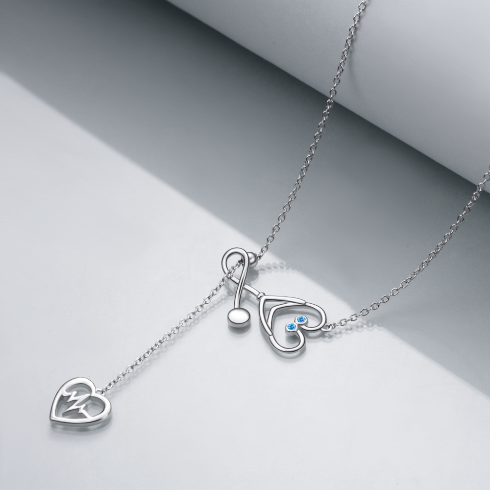 Colar de estetoscópio com tema de enfermagem de anjo caduceus em prata esterlina-3
