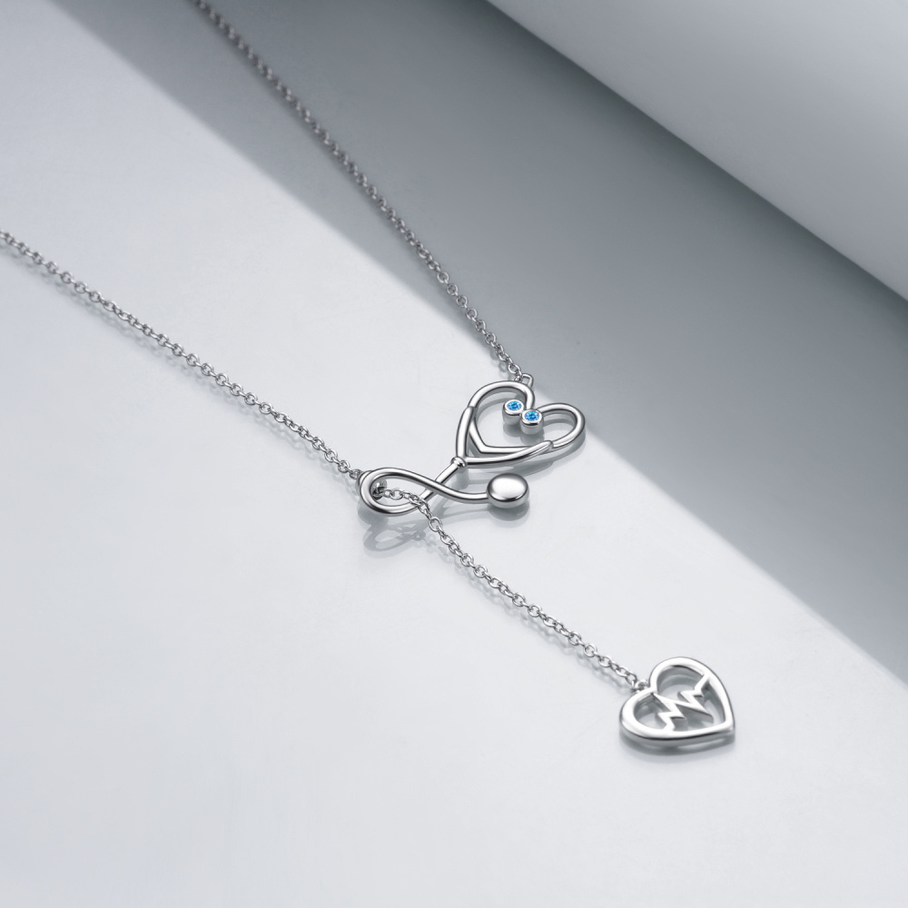 Colar de estetoscópio com tema de enfermagem de anjo caduceus em prata esterlina-4