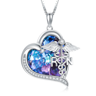 Sterling Silver Caduceus & Heart Crystal Pendant Necklace-5