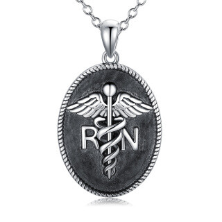 Sterling Silver Caduceus & Oval Shaped Pendant Necklace with Engraved Word-59