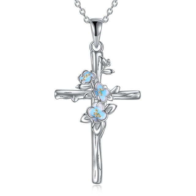 Sterling Silver Camellia & Cross Pendant Necklace-1