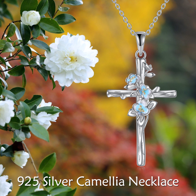 Sterling Silver Camellia & Cross Pendant Necklace-5