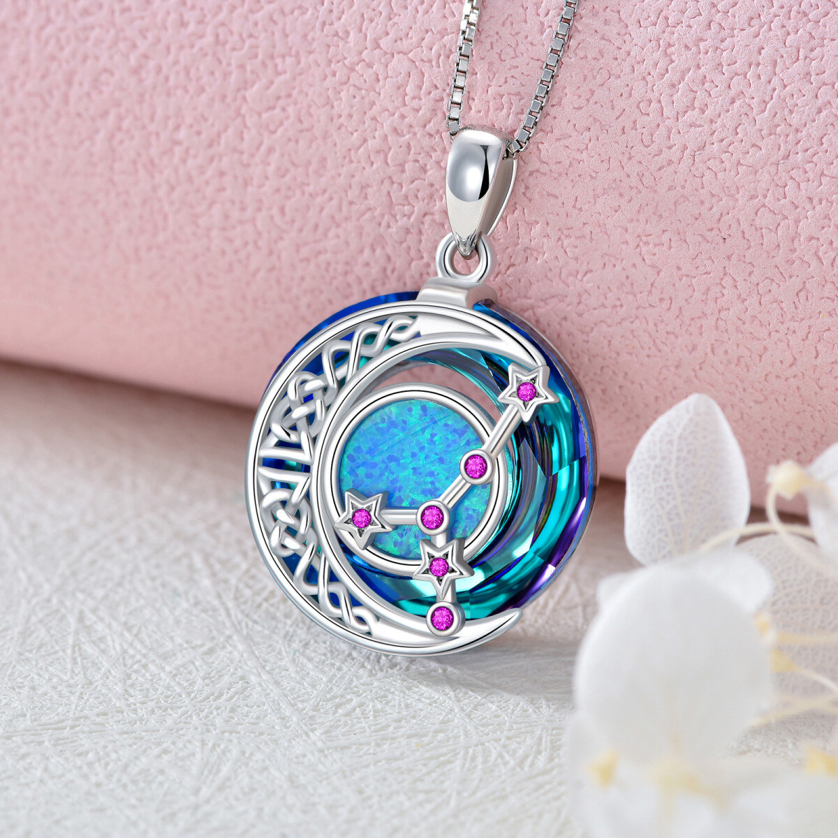 Sterling Silver Cancer Circular Opal With Crystal Pendant Necklace-3