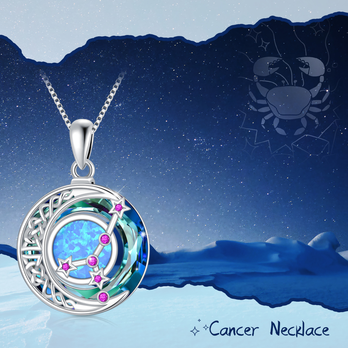 Sterling Silver Cancer Circular Opal With Crystal Pendant Necklace-6