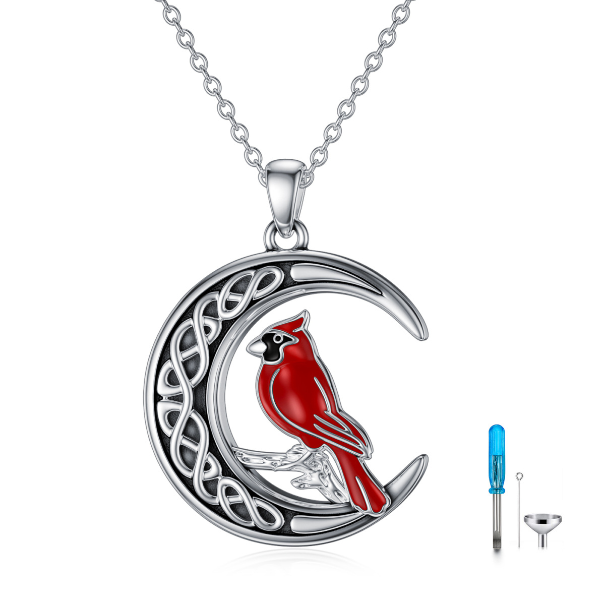 Collana in argento sterling con cardinale e nodo celtico con urna lunare per ceneri-1