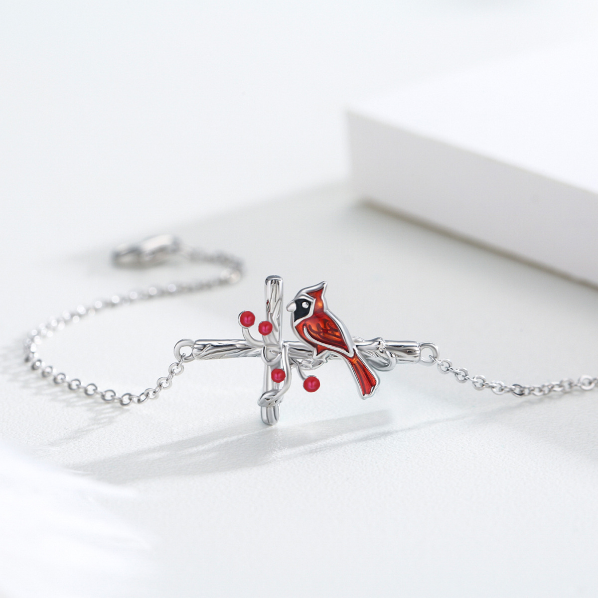 Sterling Silver Cardinal & Cross Charm Bracelet-3