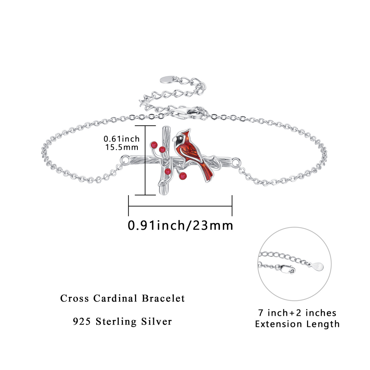 Sterling Silver Cardinal & Cross Charm Bracelet-4