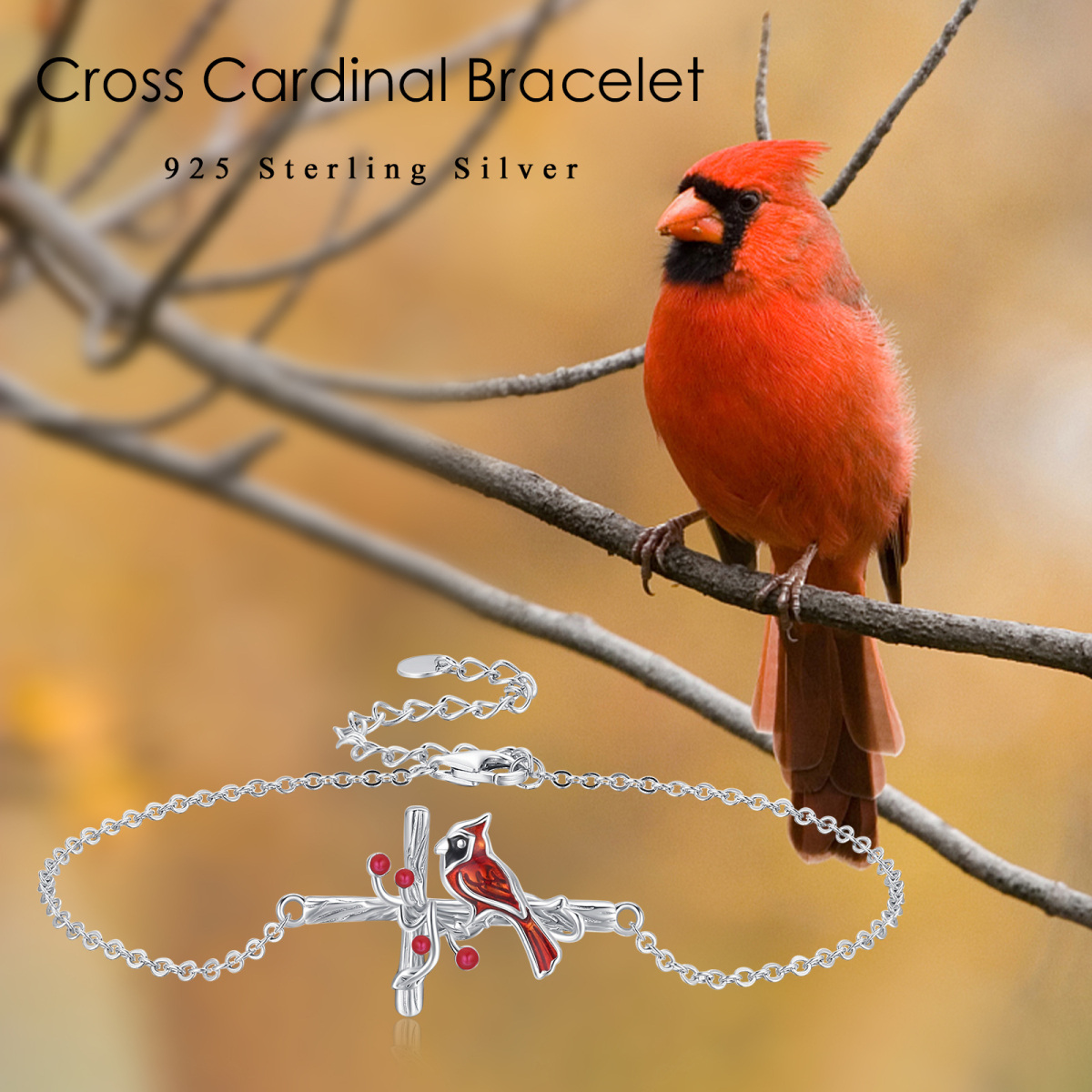 Sterling Silver Cardinal & Cross Charm Bracelet-6