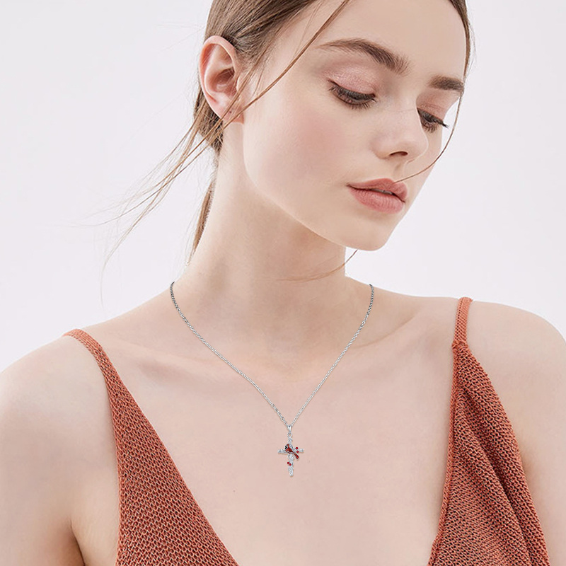 Sterling Silver Cardinal & Cross Pendant Necklace-2