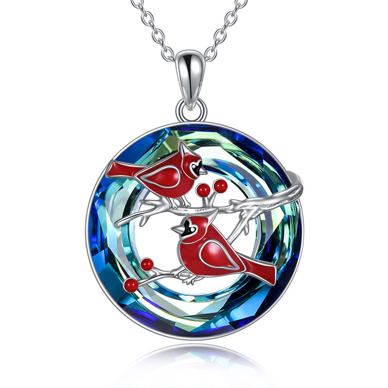 Sterling Silver Cardinal & Tree Of Life & Circle Crystal Pendant Necklace for Women-1