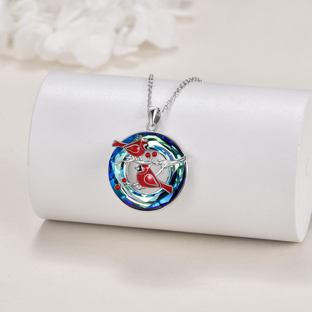 Sterling Silver Cardinal & Tree Of Life & Circle Crystal Pendant Necklace for Women-3