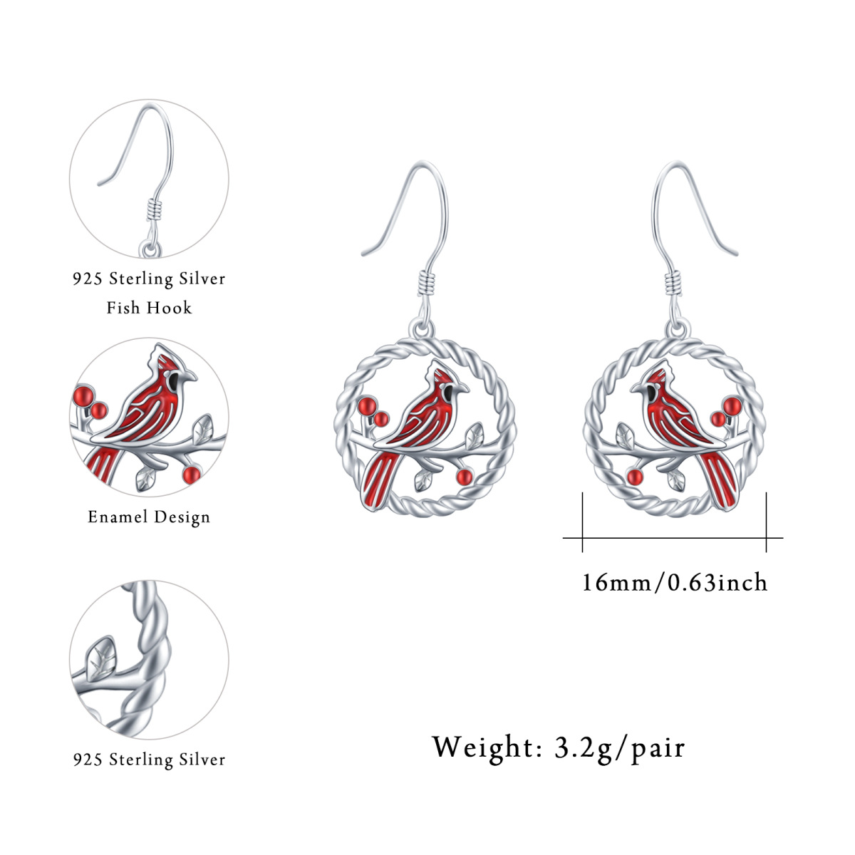 Pendants d'oreilles cardinaux en argent sterling-4