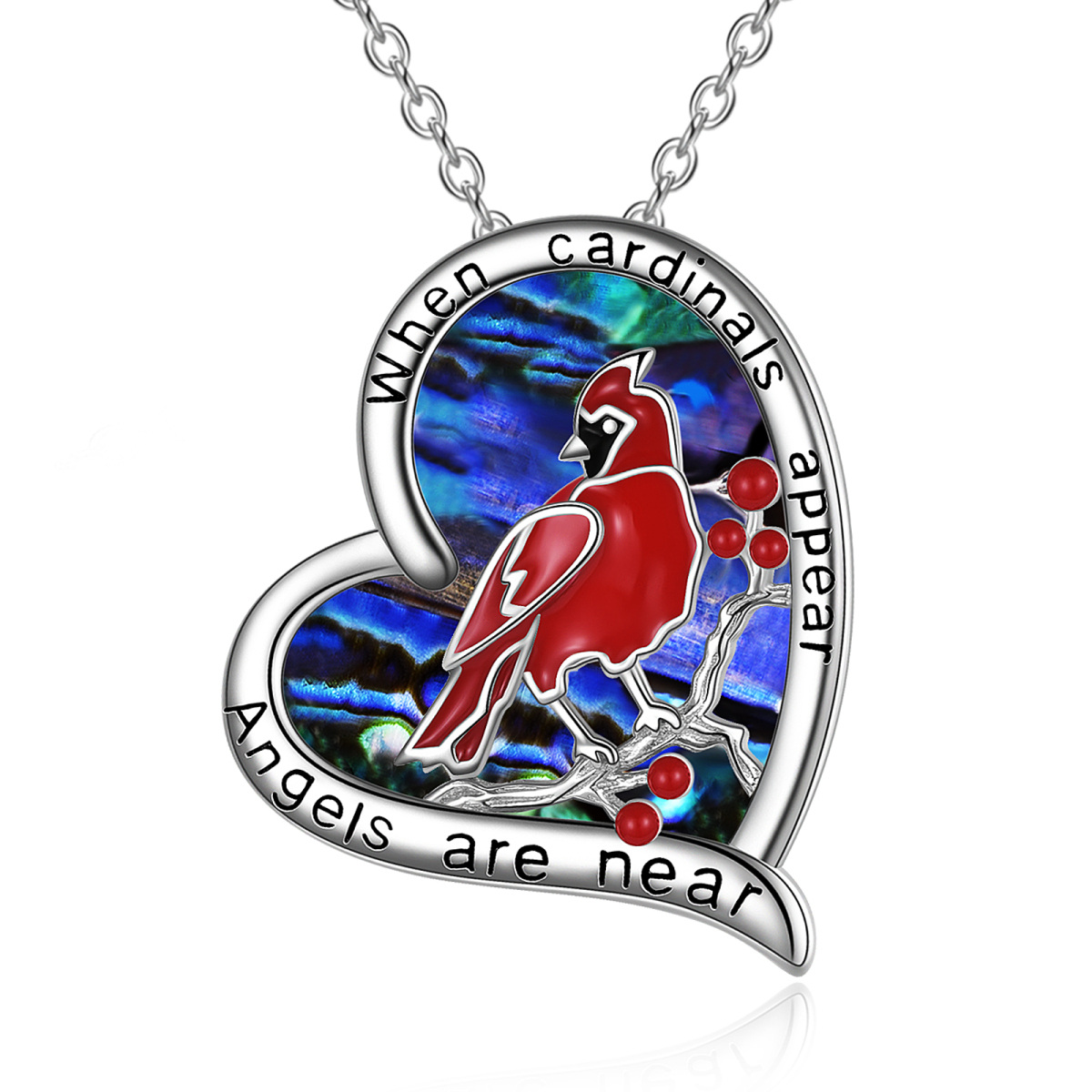 Sterling Silver Cardinal & Heart Crystal Pendant Necklace-1