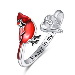 Sterling Silver Cardinal & Heart Open Ring with Engraved Word-3