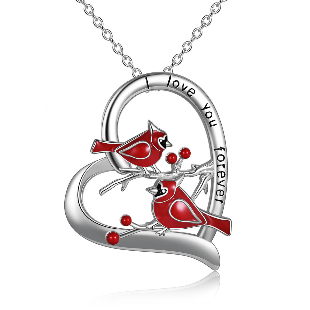 Sterling Silver Cardinal & Heart Pendant Necklace Engraved I Love You Forever-1