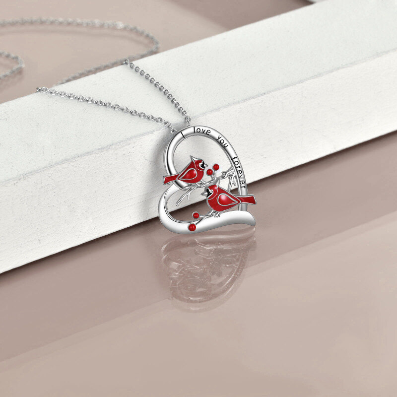 Colar de prata esterlina com pingente de cardeal e coração gravado I Love You Forever-4