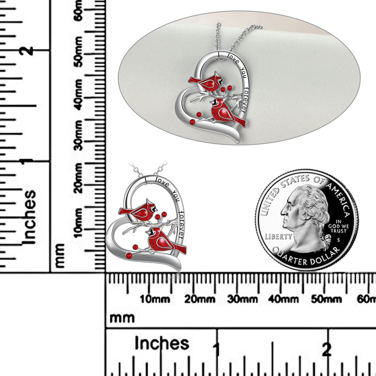 Sterling Silber Kardinal & Herz Anhänger Halskette eingraviert I Love You Forever-5