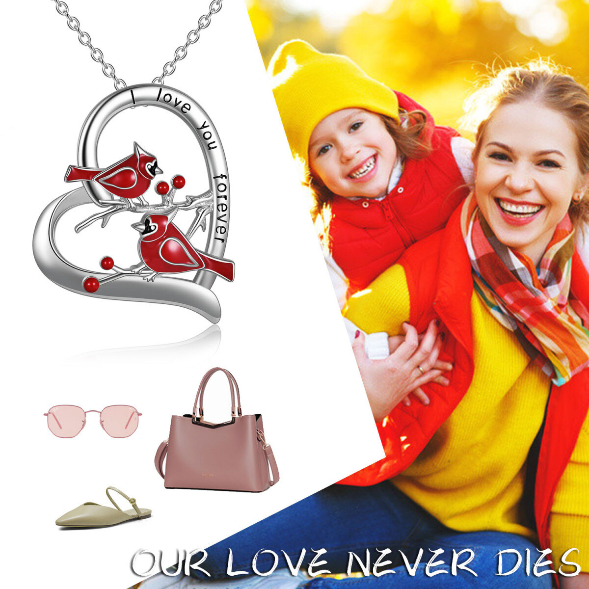 Collier en argent sterling avec pendentif cardinal et coeur gravé I Love You Forever-6