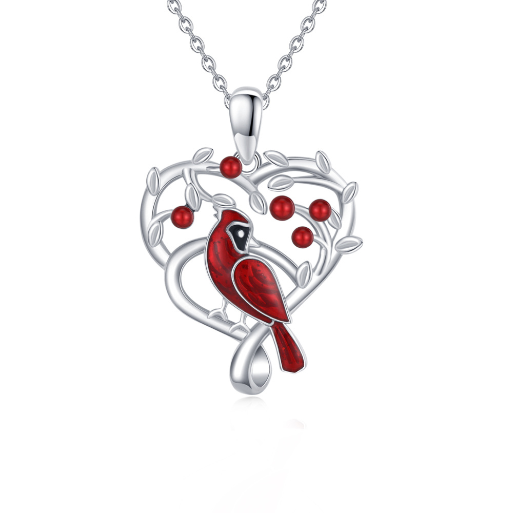 Sterling Silver Cardinal & Heart Pendant Necklace-1