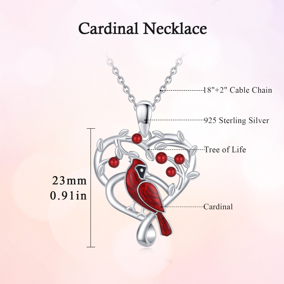 Sterling Silver Cardinal & Heart Pendant Necklace-3