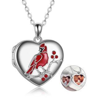 Sterling Silver Cardinal & Heart Personalized Photo Locket Necklace with Engraved Word-42