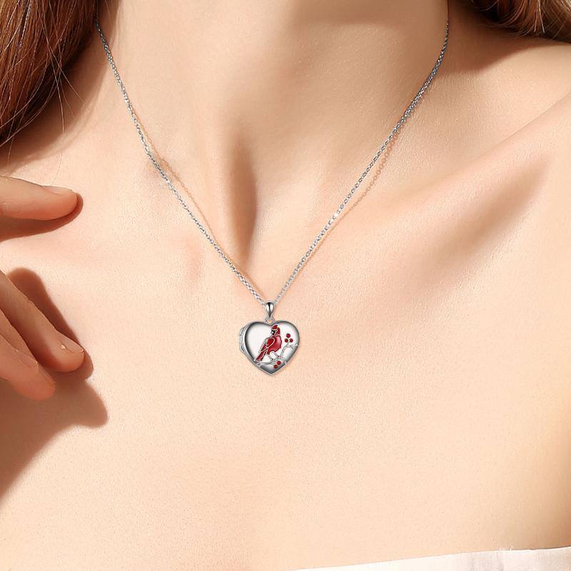 Sterling Silver Cardinal & Heart Personalized Photo Locket Necklace with Engraved Word-2