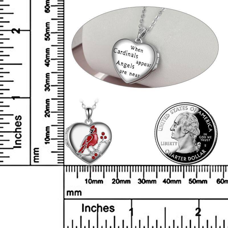 Sterling Silver Cardinal & Heart Personalized Photo Locket Necklace with Engraved Word-5