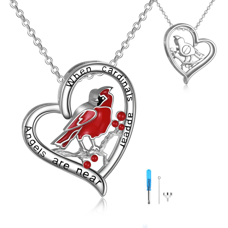 Sterling Silver Cardinal & Heart Urn Necklace for Ashes with Engraved Word-19