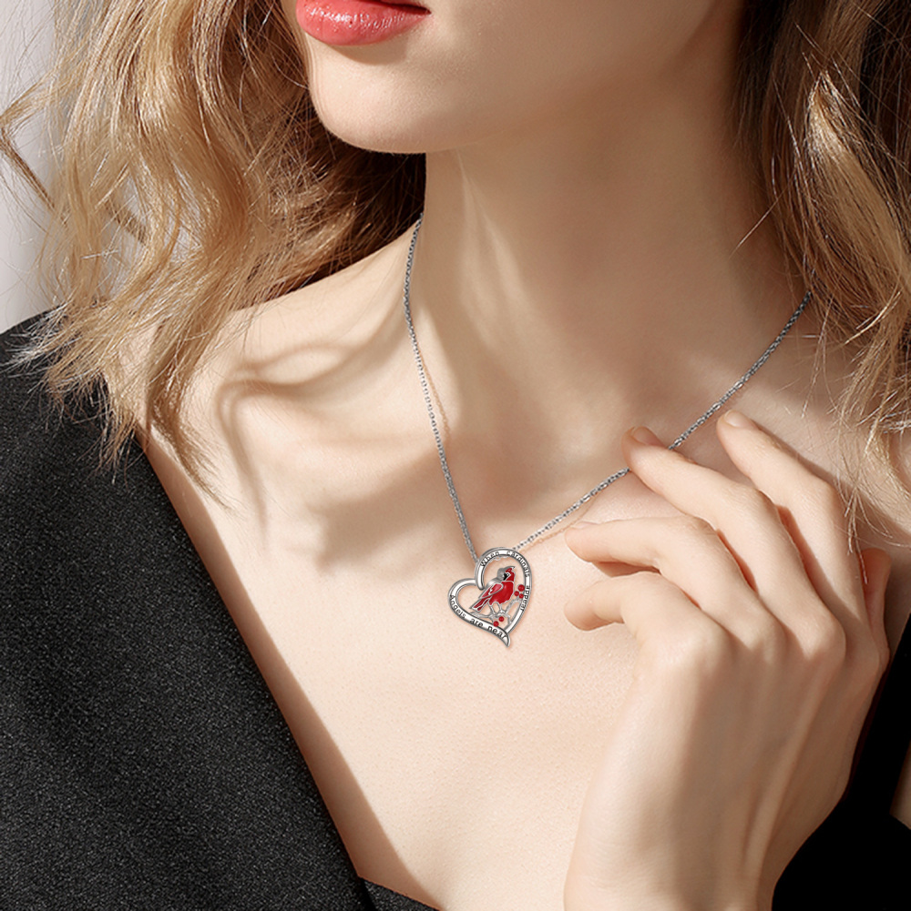 Sterling Silver Cardinal & Heart Urn Necklace for Ashes with Engraved Word-2