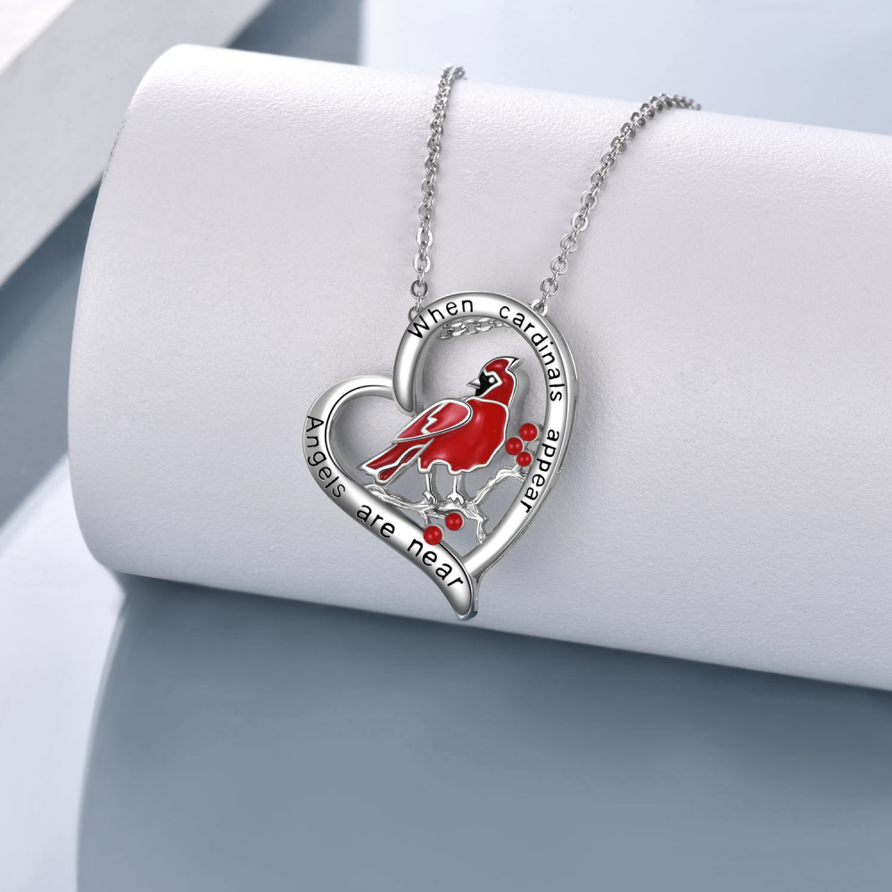 Sterling Silver Cardinal & Heart Urn Necklace for Ashes with Engraved Word-3
