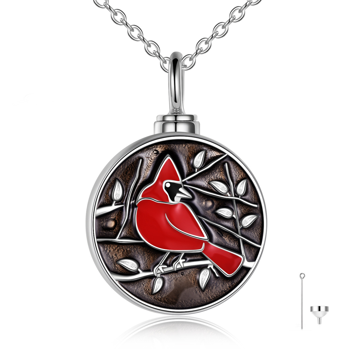 Sterling Silver Cardinal Urn Necklace for Ashes with Engraved Word-1