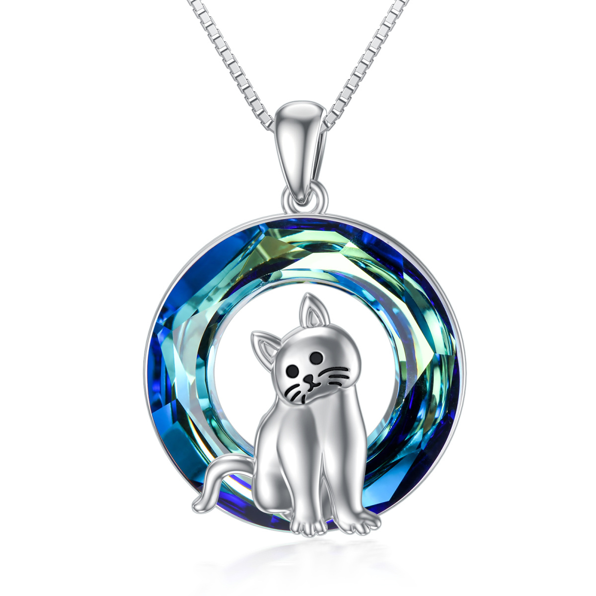 Collar Colgante Gato Plata de Ley Círculo Azul Cristal-1