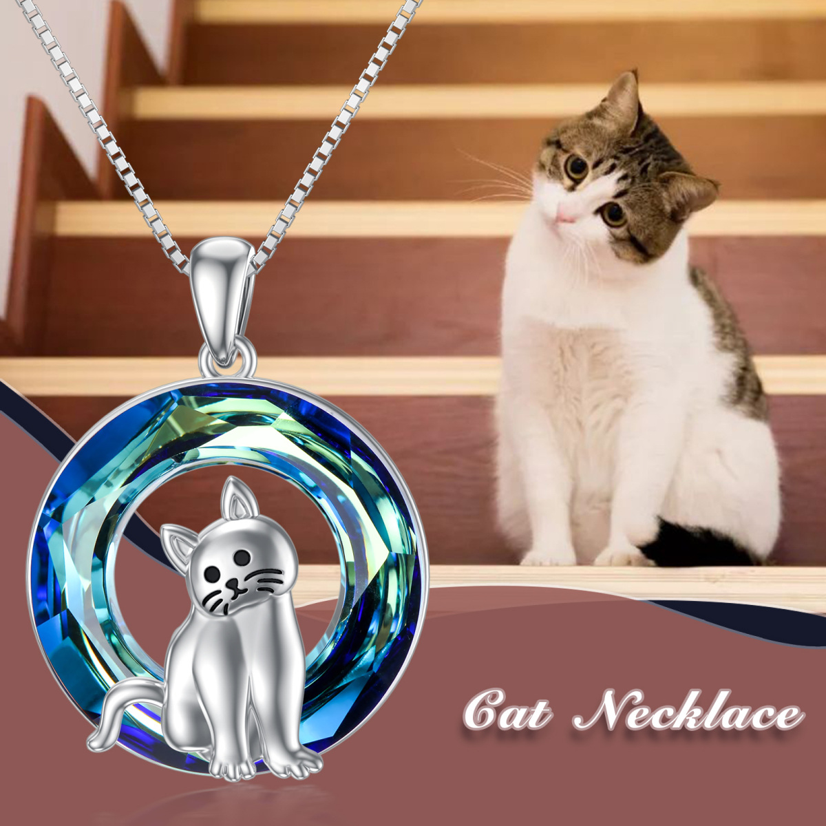 Sterling Silver Cat Blue Circle Crystal Pendant Necklace-3