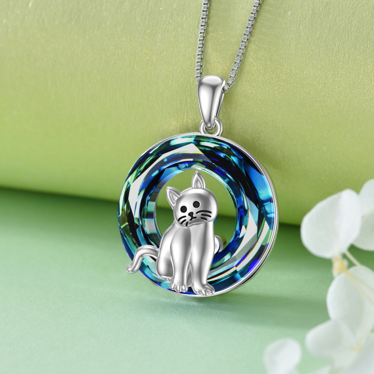 Sterling Silver Cat Blue Circle Crystal Pendant Necklace-4