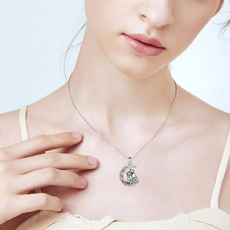 Gato e lua em prata esterlina com colar de urna com nó celta para cinzas-2