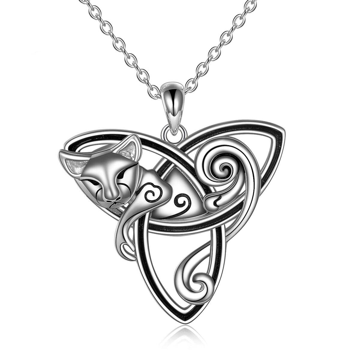 Collier en argent sterling avec pendentif chat et nœud celtique-1