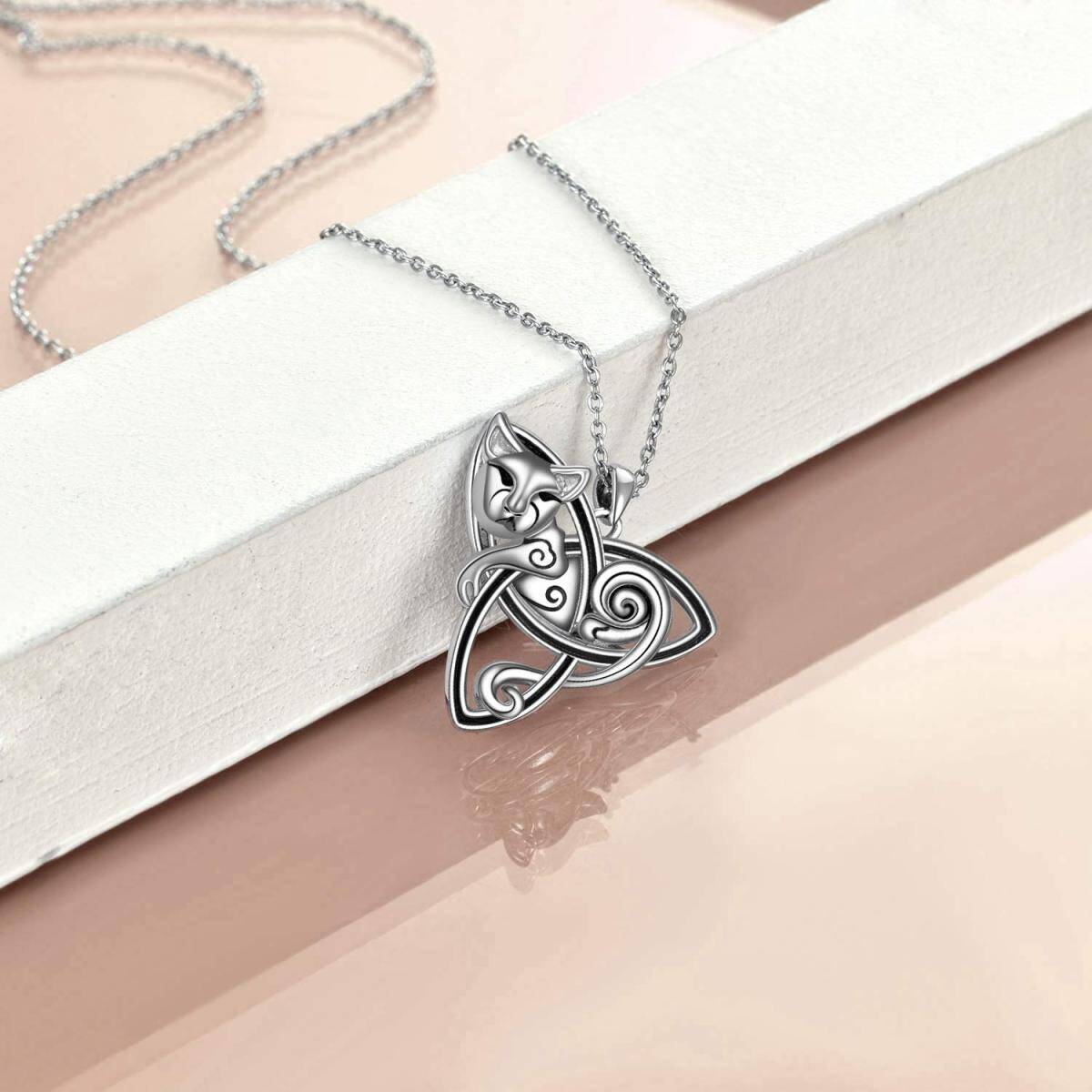 Sterling Silver Cat & Celtic Knot Pendant Necklace-3