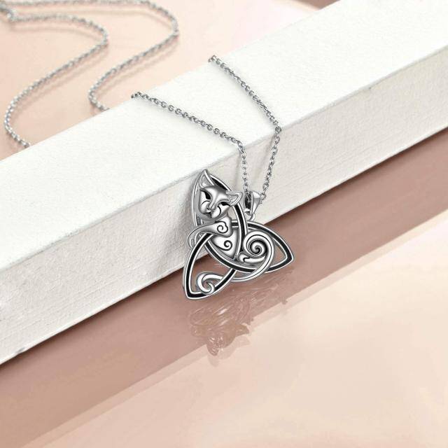 Collana con ciondolo a forma di gatto e nodo celtico in argento sterling-3