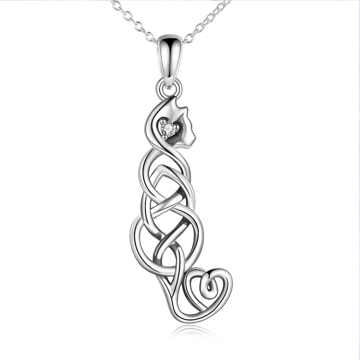 Sterling Silver Cat & Celtic Knot Pendant Necklace with Zircon-1