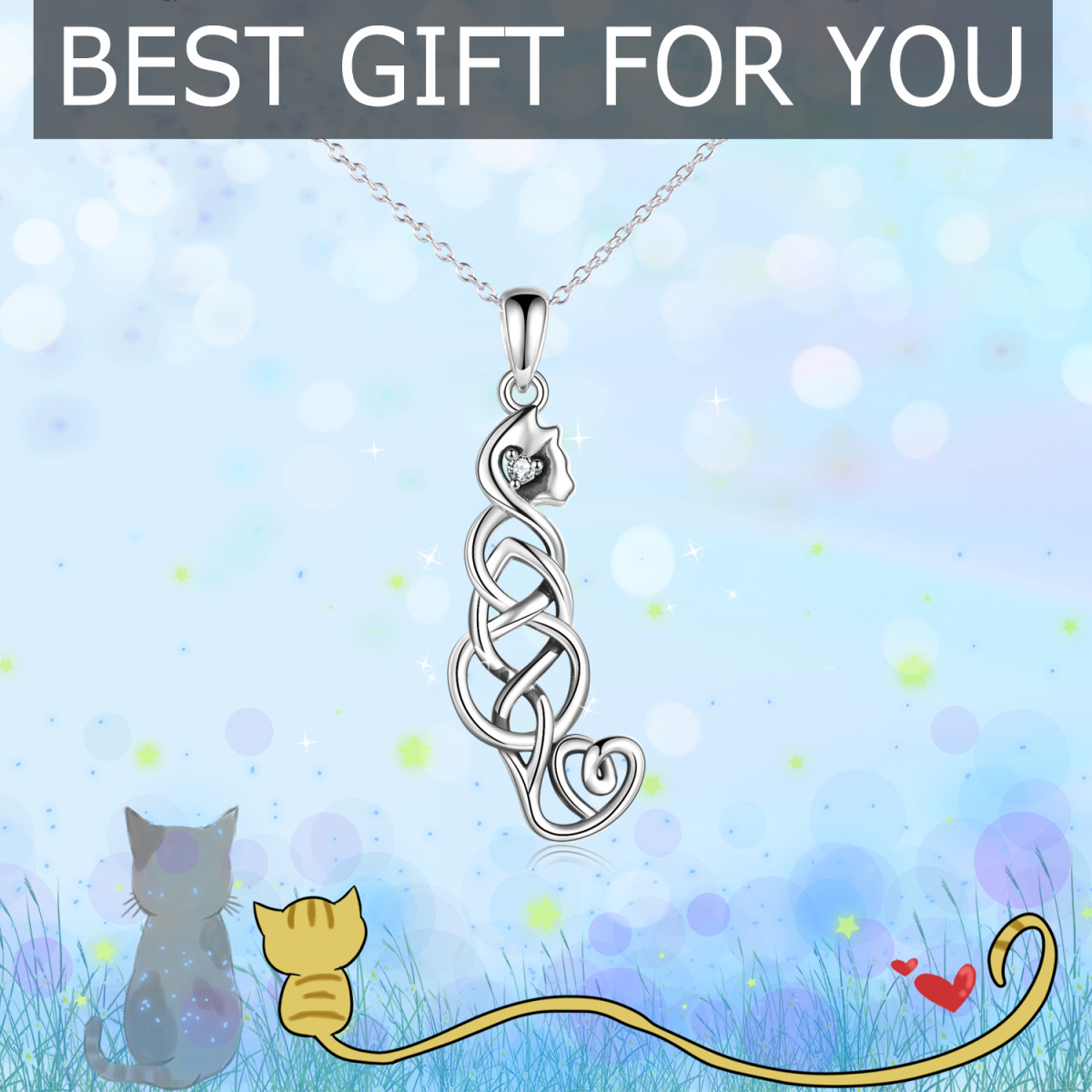 Sterling Silver Cat & Celtic Knot Pendant Necklace with Zircon-3