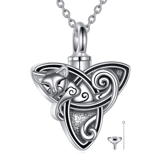 Sterling Silver Cat & Celtic Knot Urn Necklace for Ashes