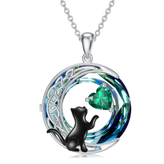 Sterling Silver Cat Celtic Spiral Knot Heart Personalized Birthstone Crystal Necklace-3