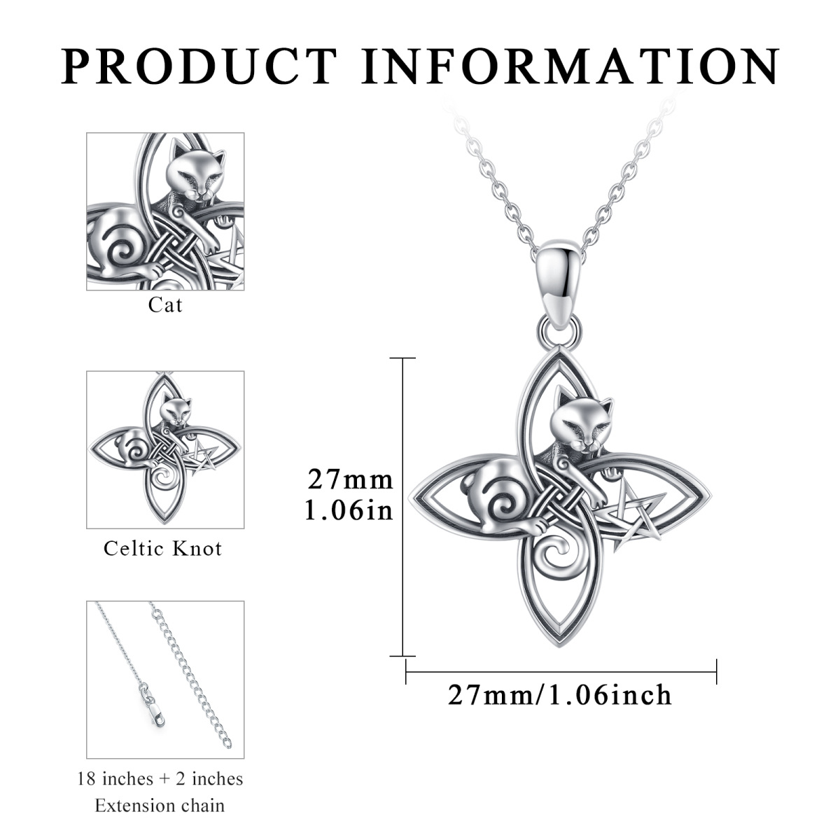 Collier en argent sterling avec pendentif chat et nœud en croix-5