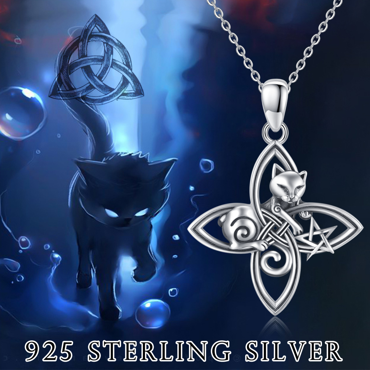 Collier en argent sterling avec pendentif chat et nœud en croix-6