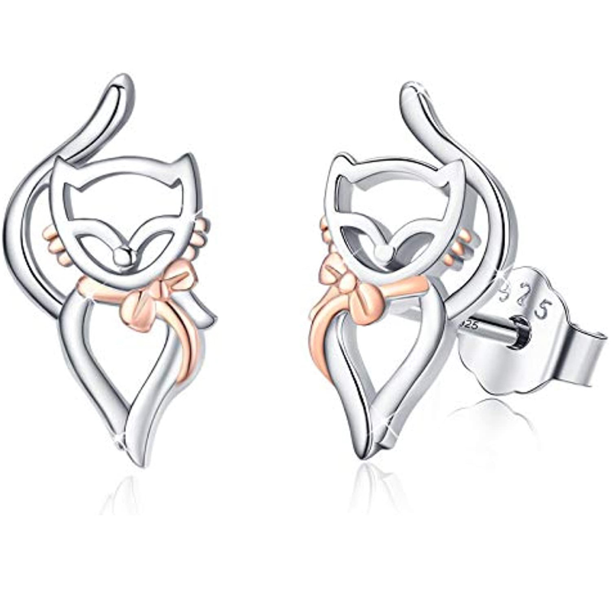 Sterling Silver Two-tone Cat Stud Earrings-1