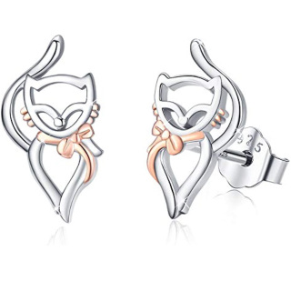 Sterling Silver Two-tone Cat Stud Earrings-49