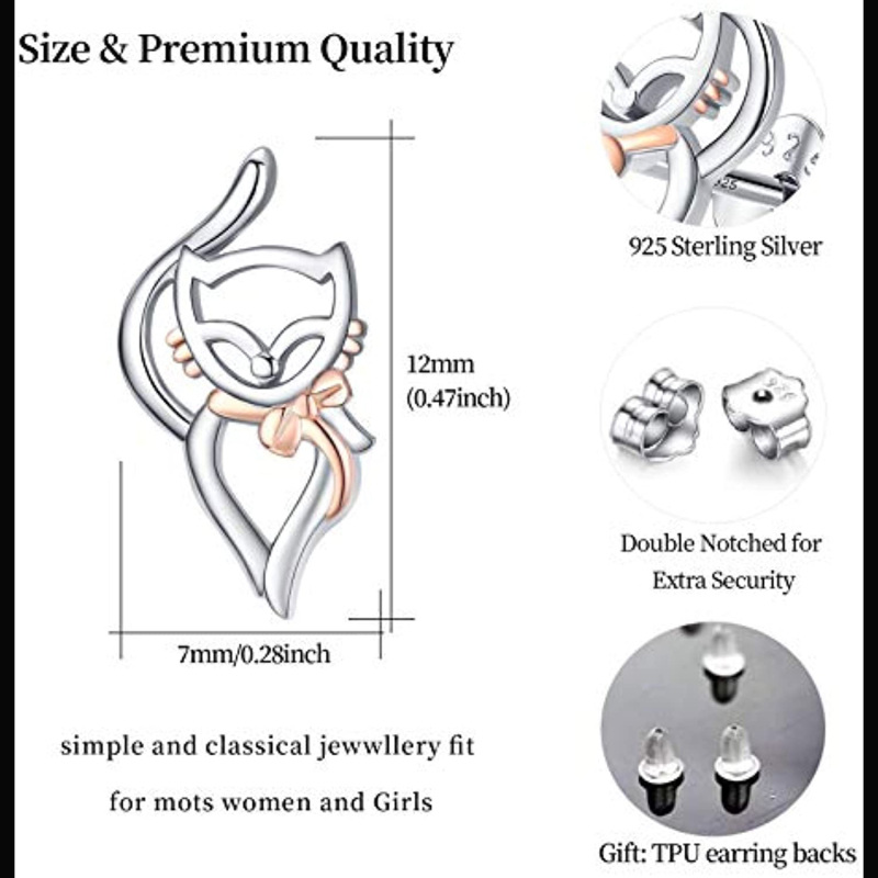 أقراط أذن من الفضة الإسترلينية بتصميم قطة بلونين-4